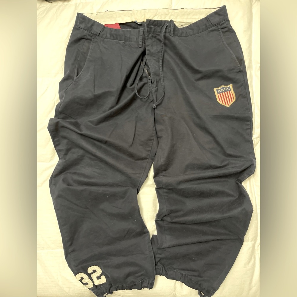 Polo Ralph Lauren vtg Cargo Drawstring
Flag Patch Khaki navy Pants 40 42 x 30